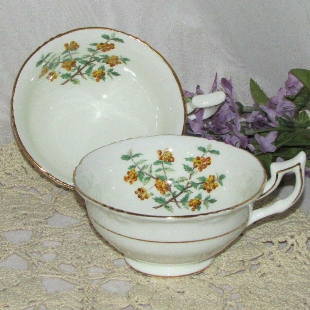 2 Antique Royal Cauldon Barberry Teacups Bone China Cottagecore Vintage